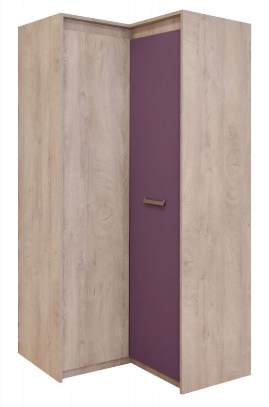 Chambre d'enfant - Armoire à portes battantes / Armoire d'angle Koa 04, Couleur : Chêne / Violet - Dimensions : 203 x 98 x 98 cm (H x L x P)