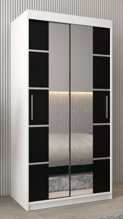 Armoire à portes coulissantes / Penderie Jan 01D avec miroir, Couleur : Blanc mat / Noir - Dimensions : 200 x 100 x 62 cm ( H x L x P)