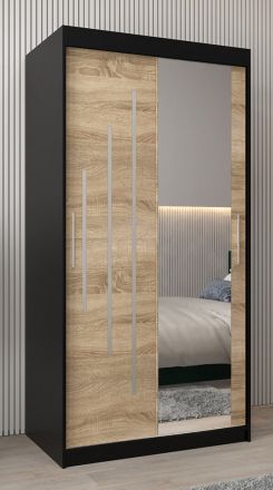 Armoire à portes coulissantes / Penderie avec miroir Tomlis 01B, Couleur : Noir / Chêne de Sonoma - Dimensions : 200 x 100 x 62 cm (H x L x P)