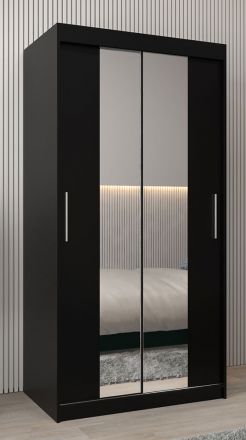 Armoire à portes coulissantes / Penderie Bisaurin 1B avec miroir, Couleur : Noir - Dimensions : 200 x 100 x 62 cm ( H x L x P)