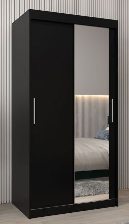 Armoire à portes coulissantes / Penderie Bisaurin 1C avec miroir, Couleur : Noir - Dimensions : 200 x 100 x 62 cm ( H x L x P)