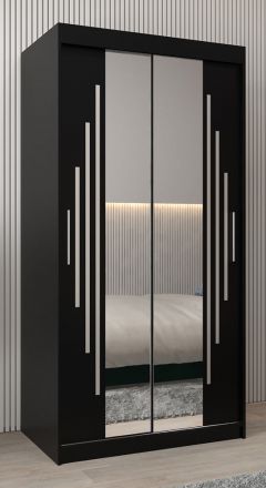Armoire à portes coulissantes / Penderie avec miroir Tomlis 01A, Couleur : Noir - Dimensions : 200 x 100 x 62 cm (h x l x p)