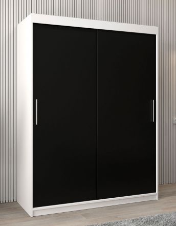 Armoire à portes coulissantes / Penderie Bisaurin 3A, Couleur : Blanc mat / Noir - Dimensions : 200 x 150 x 62 cm ( h x l x p)