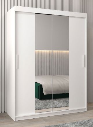 Armoire à portes coulissantes / Penderie Bisaurin 3B avec miroir, Couleur : Blanc mat - Dimensions : 200 x 150 x 62 cm ( H x L x P)