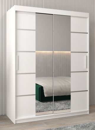 Armoire à portes coulissantes / Penderie Jan 03D avec miroir, Couleur : Blanc mat - Dimensions : 200 x 150 x 62 cm (H x L x P)