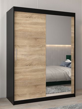Armoire à portes coulissantes / Penderie Bisaurin 3C avec miroir, Couleur : Noir / Chêne de Sonoma - Dimensions : 200 x 150 x 62 cm ( H x L x P)