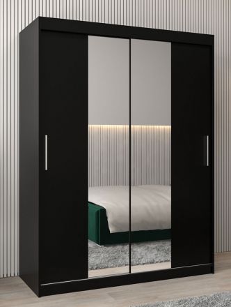 Armoire à portes coulissantes / Penderie Bisaurin 3B avec miroir, Couleur : Noir - Dimensions : 200 x 150 x 62 cm ( H x L x P)