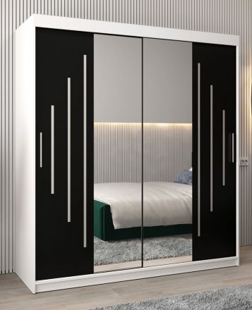 Armoire à portes coulissantes / Penderie avec miroir Tomlis 04A, Couleur : Blanc mat / Noir - Dimensions : 200 x 180 x 62 cm (h x l x p)