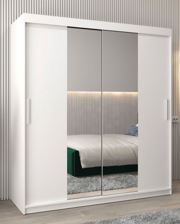 Armoire à portes coulissantes / Penderie Bisaurin 4B avec miroir, Couleur : Blanc mat - Dimensions : 200 x 180 x 62 cm ( H x L x P)