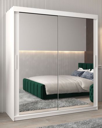 Armoire à portes coulissantes / Penderie Bisaurin 4D avec miroir, Couleur : Blanc mat - Dimensions : 200 x 180 x 62 cm ( H x L x P)