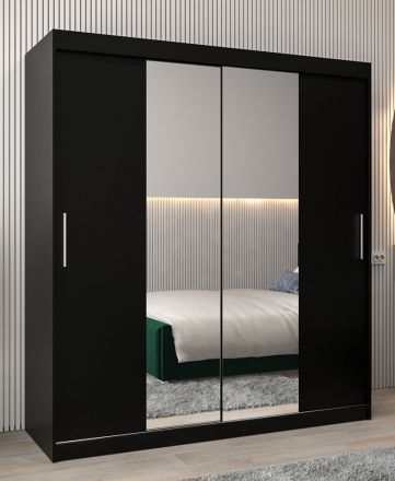 Armoire à portes coulissantes / Penderie Bisaurin 4B avec miroir, Couleur : Noir - Dimensions : 200 x 180 x 62 cm ( H x L x P)