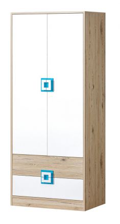 Chambre d'enfant - armoire à portes battantes / armoire Fabian 01, couleur : chêne brun clair / blanc / bleu - 190 x 80 x 50 cm (H x L x P)