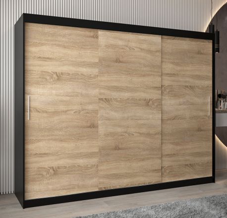 Armoire à portes coulissantes / Penderie Bisaurin 6A, Couleur : Noir / Chêne de Sonoma - Dimensions : 200 x 250 x 62 cm ( H x L x P)