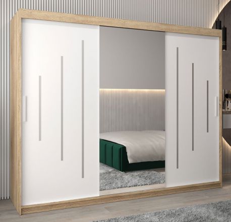 Armoire à portes coulissantes / Penderie avec miroir Tomlis 06A, Couleur : Chêne de Sonoma / Blanc mat - Dimensions : 200 x 250 x 62 cm (H x L x P)