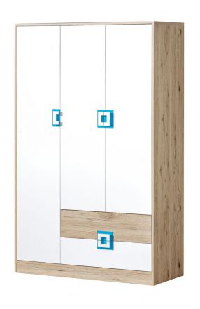 Chambre d'enfant - Armoire à portes battantes / armoire Fabian 03, couleur : chêne brun clair / blanc / bleu - 190 x 120 x 50 cm (H x L x P)