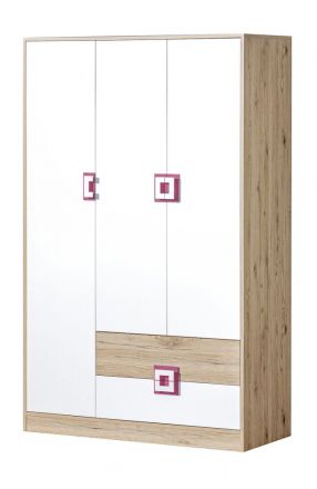 Chambre d'enfant - armoire à portes battantes / armoire Fabian 03, couleur : chêne brun clair / blanc / rose - 190 x 120 x 50 cm (H x L x P)