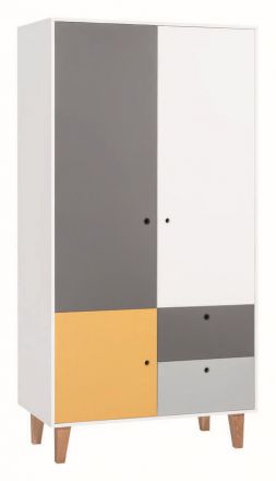 Chambre d'adolescents - armoire à portes battantes / armoire Syrina 04, couleur : blanc / gris / jaune - Dimensions : 202 x 104 x 55 cm (h x l x p)