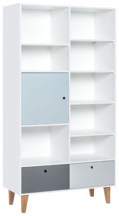 Chambre d'adolescents - étagère Syrina 15, couleur : blanc / gris / bleu - Dimensions : 202 x 105 x 45 cm (h x l x p)