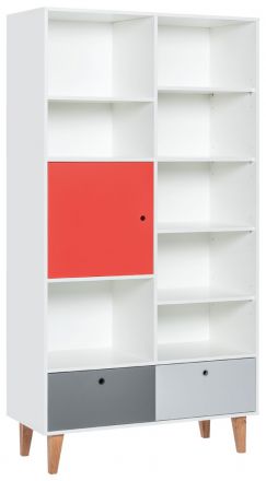 Chambre d'adolescents - étagère Syrina 15, couleur : blanc / gris / rouge - Dimensions : 202 x 105 x 45 cm (h x l x p)