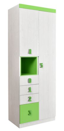 Chambre d'enfant - armoire à portes battantes / armoire Luis 11, couleur : chêne blanc / vert - 218 x 80 x 52 cm (H x L x P)