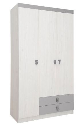 Chambre d'enfant - armoire à portes battantes / armoire Luis 21, couleur : blanc chêne / gris - 218 x 120 x 52 cm (H x L x P)