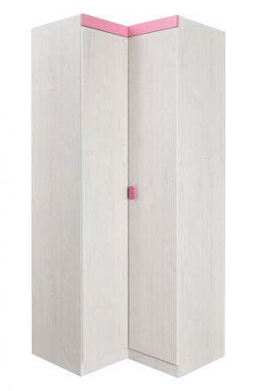 Chambre d'enfant - armoire à portes battantes / armoire d'angle Luis 22, couleur : blanc chêne / rose - 218 x 91/93 x 52 cm (H x L x P)