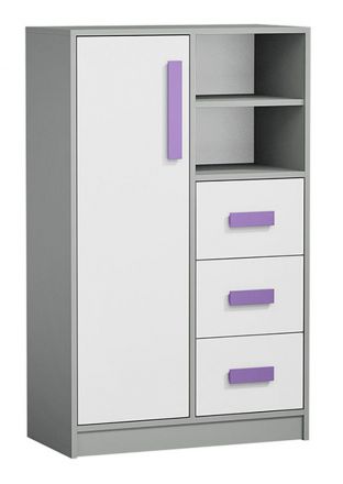 Chambre des jeunes - commode Olaf 05, couleur : anthracite / blanc / violet, partiellement massif - 132 x 80 x 40 cm (h x l x p)