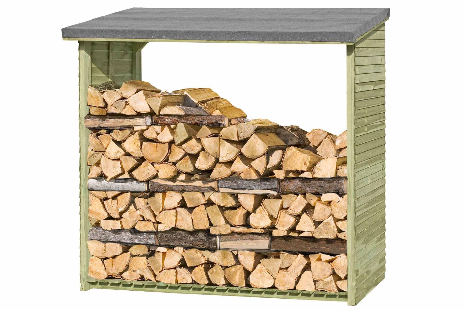 Abri pour bois de cheminée 05 sans panneau arrière, Couleur : Vert - en bois de pin, FSC® - Dimensions : 188 x 69 x 183 cm (l x L x h)