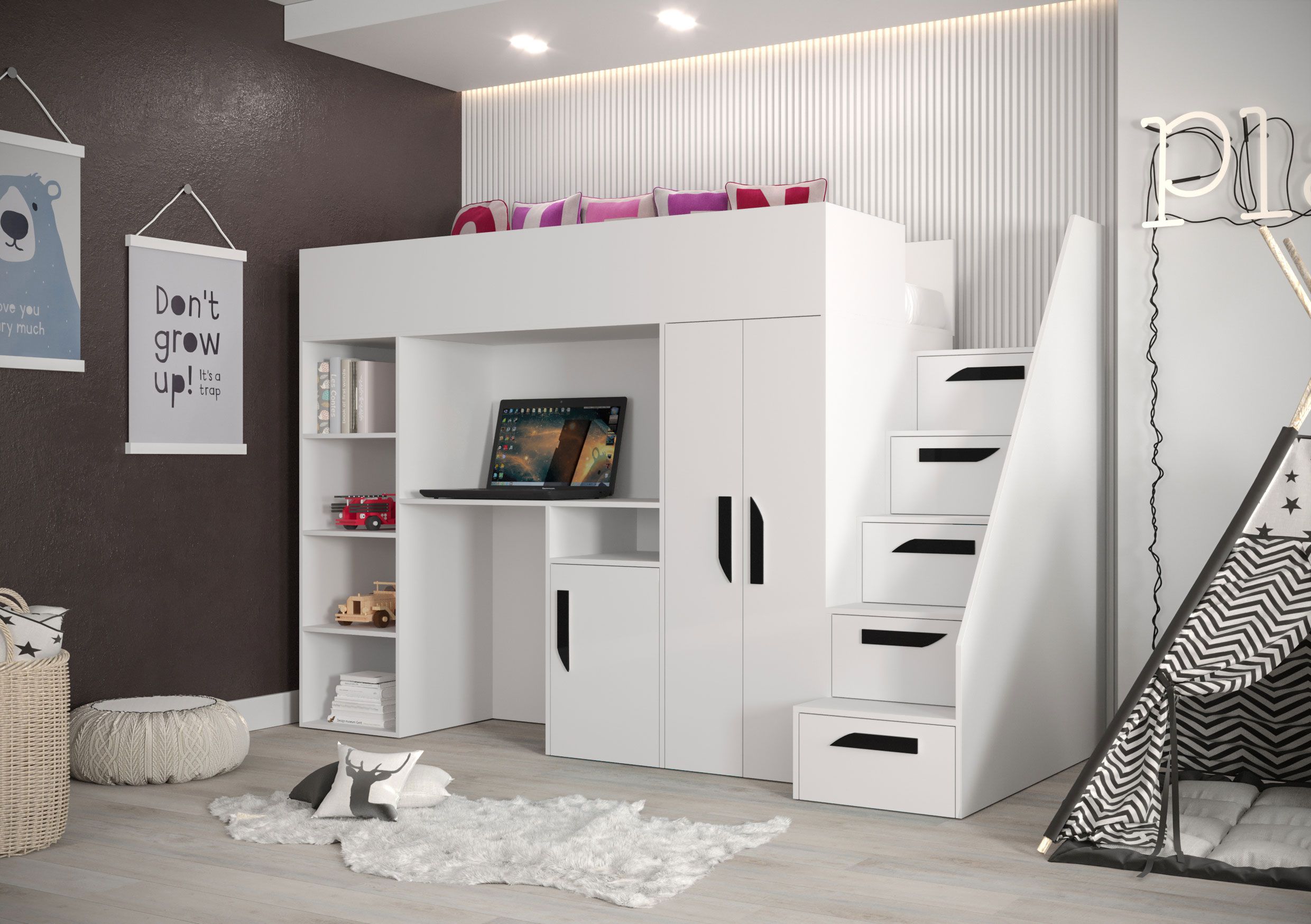 Lit fonctionnel / lit d'enfant / lit surélevé combiné avec espace de rangement et bureau Jura 24, couleur : blanc / noir - dimensions : 165 x 247 x 120 cm (h x l x p)