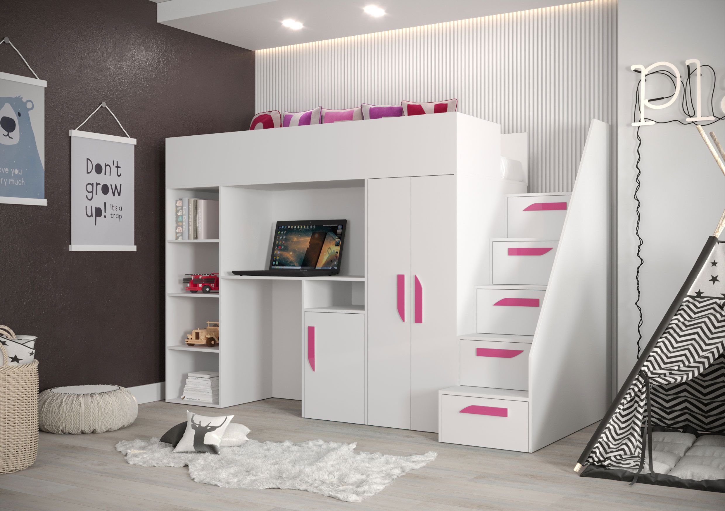Lit fonctionnel / lit d'enfant / lit surélevé avec espace de rangement et bureau Jura 22, couleur : blanc / rose - dimensions : 165 x 247 x 120 cm (h x l x p)