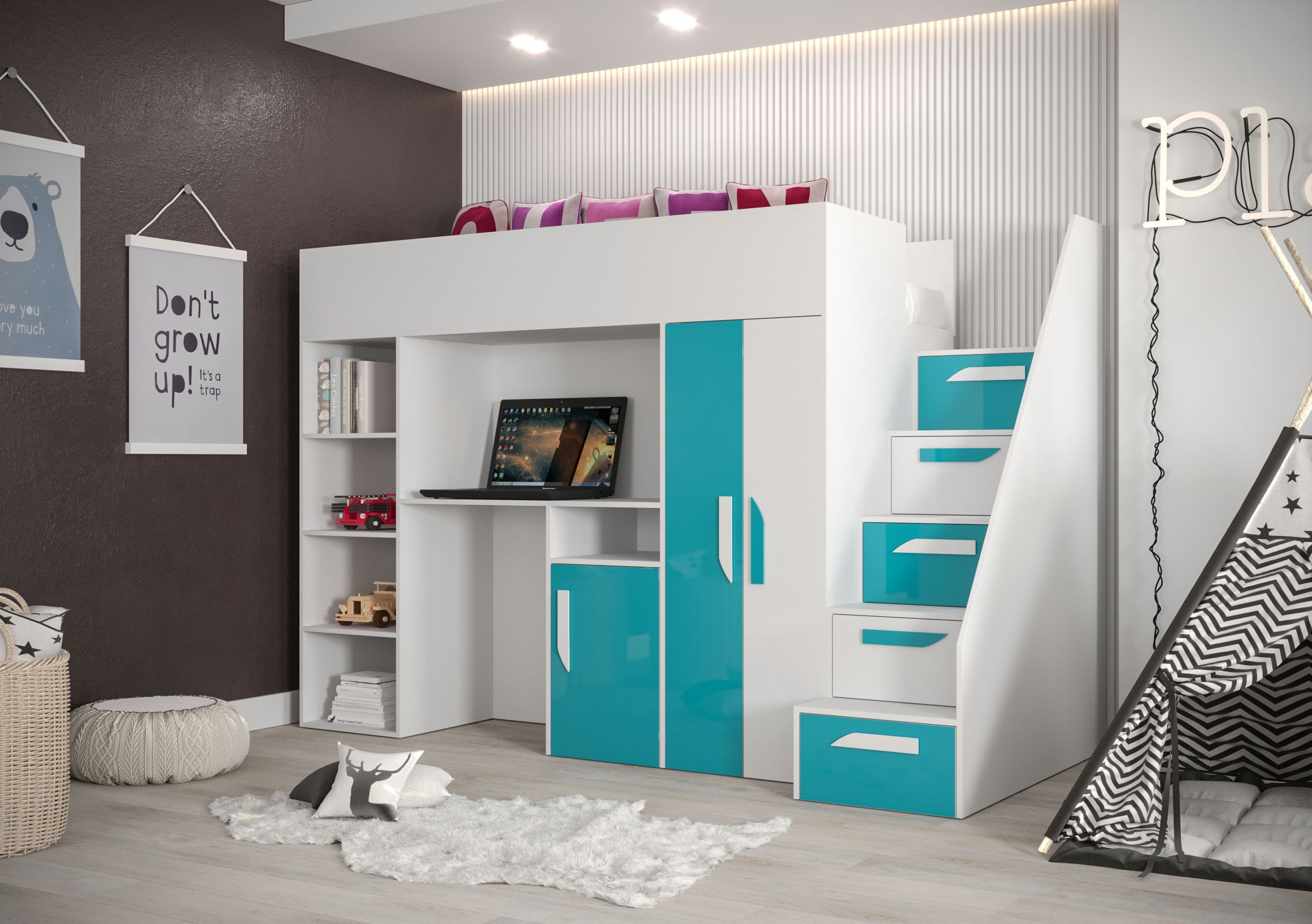 Lit fonctionnel / lit d'enfant / lit surélevé avec espace de rangement et bureau Jura 16, couleur : blanc / turquoise - dimensions : 165 x 247 x 120 cm (h x l x p)