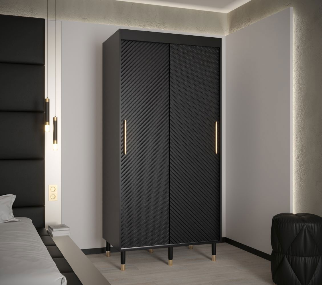 Armoire à portes coulissantes au design moderne Jotunheimen 02, couleur : noir - dimensions : 208 x 100,5 x 62 cm (h x l x p), avec cinq compartiments