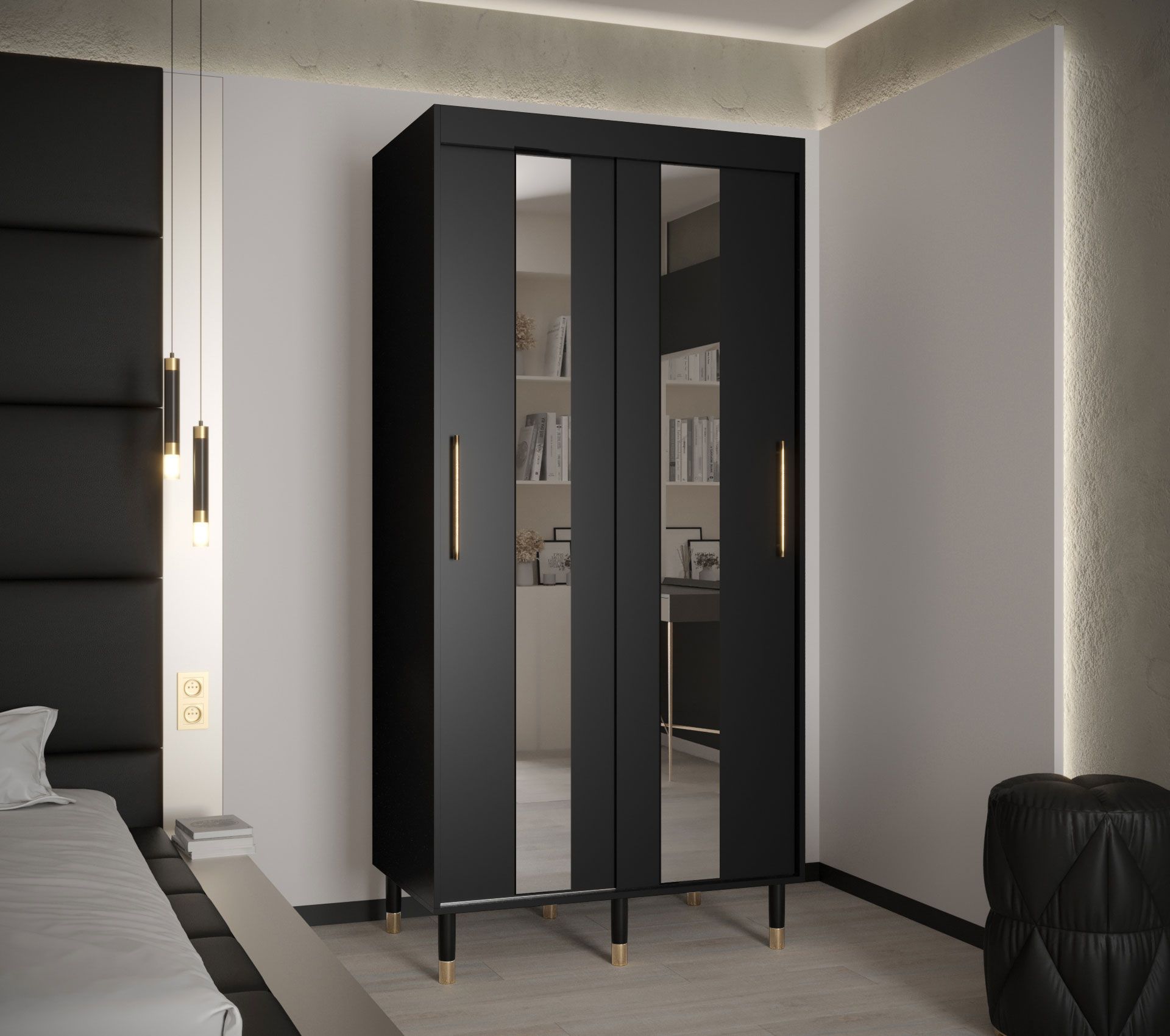Armoire étroite à portes coulissantes au design élégant Jotunheimen 194, couleur : noir - Dimensions : 208 x 100,5 x 62 cm (H x L x P)