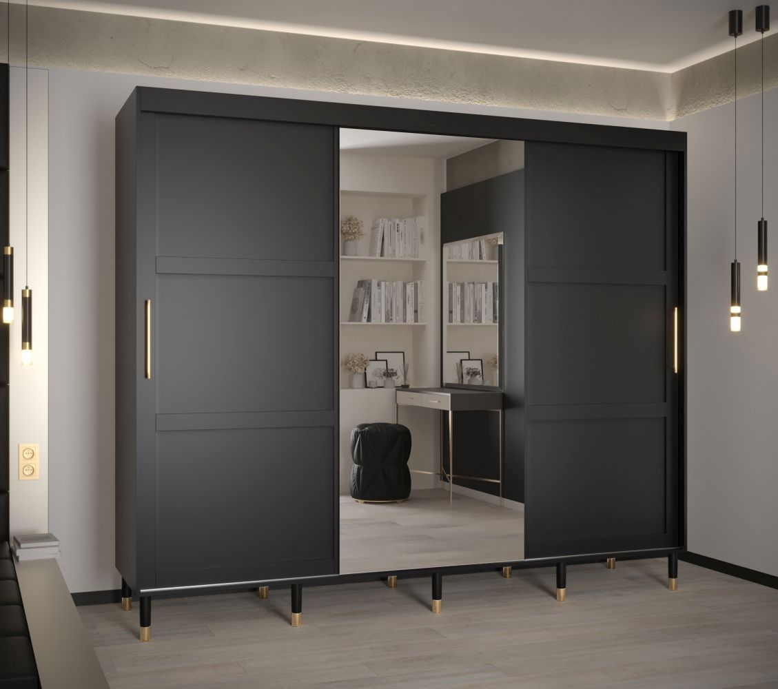 Armoire moderne à portes coulissantes avec une porte miroir Jotunheimen 84, couleur : noir - Dimensions : 208 x 250,5 x 62 cm (H x L x P)