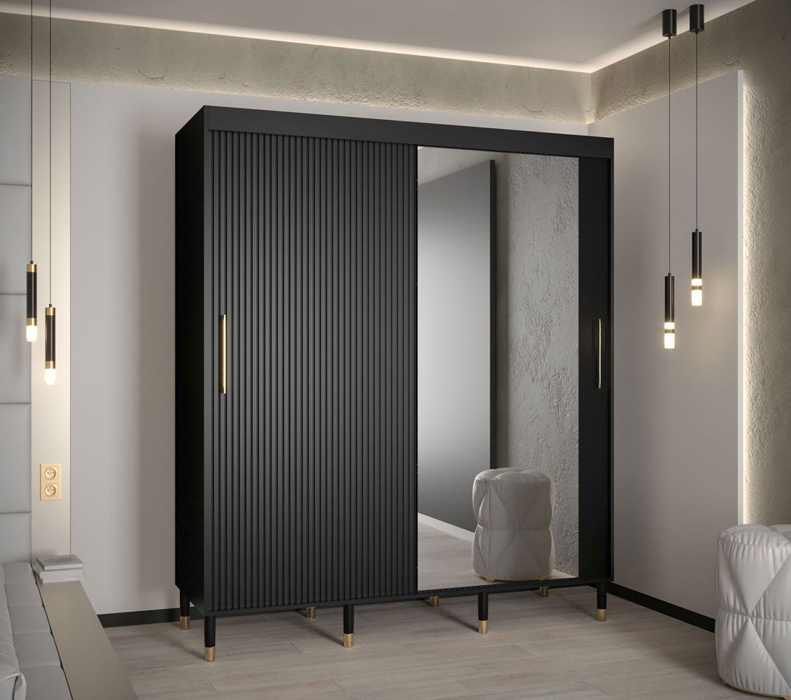 Elégante armoire à portes coulissantes avec 10 compartiments Jotunheimen 116, couleur : noir - Dimensions : 208 x 180,5 x 62 cm (H x L x P)