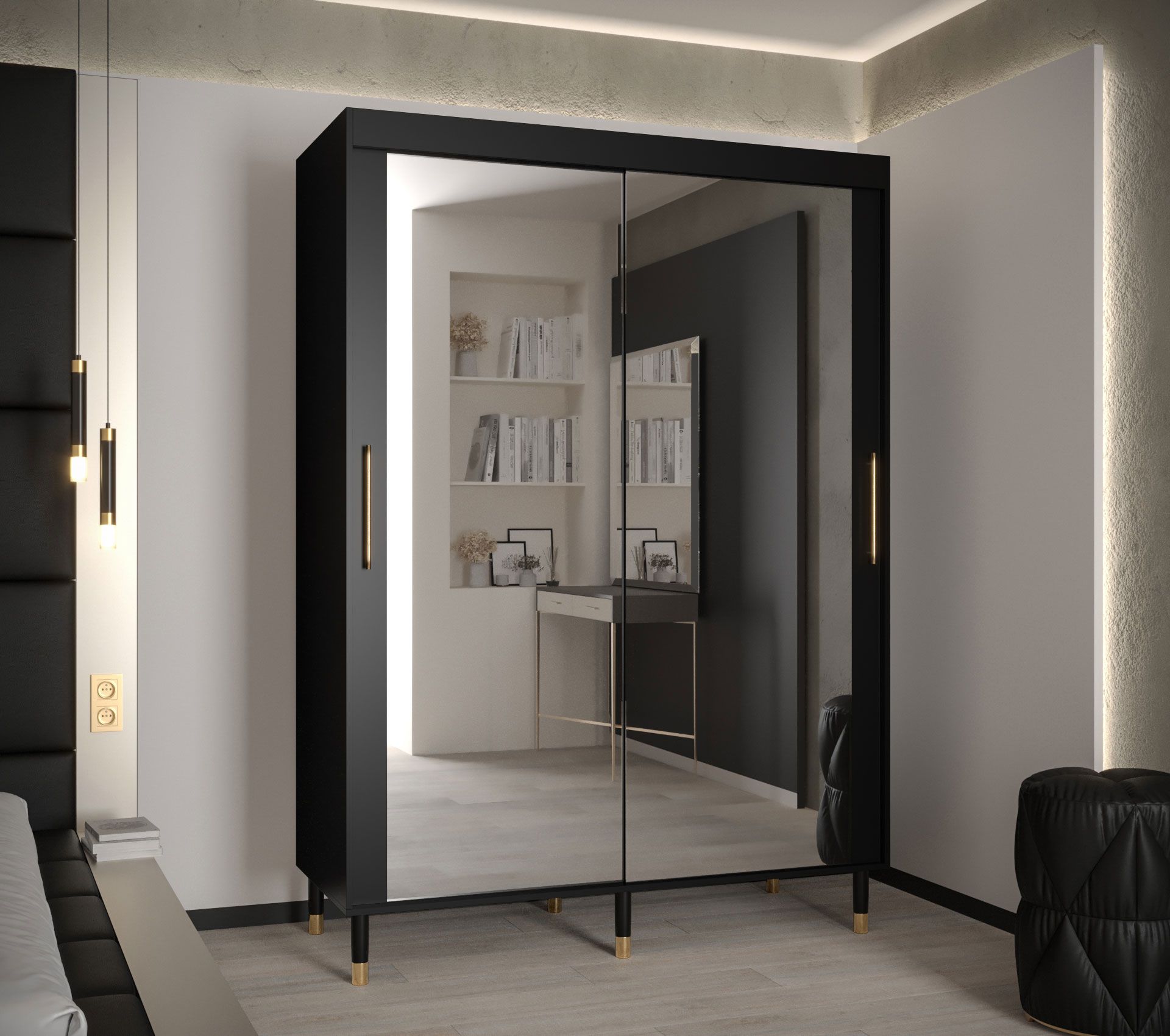 Elégante armoire à portes coulissantes avec deux barres de penderie Jotunheimen 270, couleur : noir - Dimensions : 208 x 150,5 x 62 cm (H x L x P)