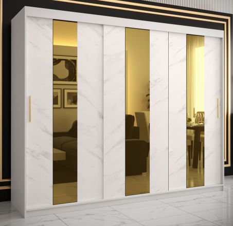 Armoire élégante Hochfeiler 23, Couleur : Blanc / Marbre blanc - Dimensions : 200 x 250 x 62 cm (h x l x p), avec trois portes et trois miroirs