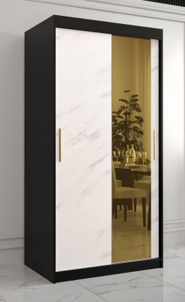 Armoire moderne au design rafraîchissant Hochfeiler 50, Couleur : Noir / Marbre blanc - Dimensions : 200 x 100 x 62 cm (H x L x P), avec cinq casiers et un miroir