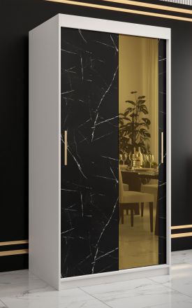 Armoire avec optique marbre Hochfeiler 49, Couleur : Blanc / Marbre noir - Dimensions : 200 x 100 x 62 cm (h x l x p), avec cinq casiers et deux tringles à vêtements