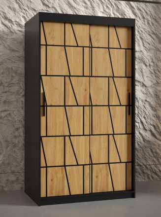 Armoire moderne avec panneaux à motifs Olperer 07, Couleur : Noir mat - Dimensions : 200 x 100 x 62 cm (h x l x p), avec cinq casiers et deux tringles à vêtements