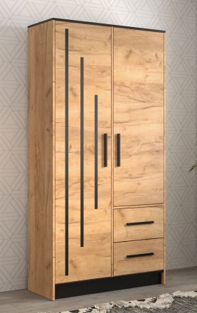 Armoire simple avec motif moderne Marmolada 32, Couleur : Chêne / Noir - Dimensions : 202 x 103 x 40 cm (h x l x p), avec cinq casiers et deux tiroirs