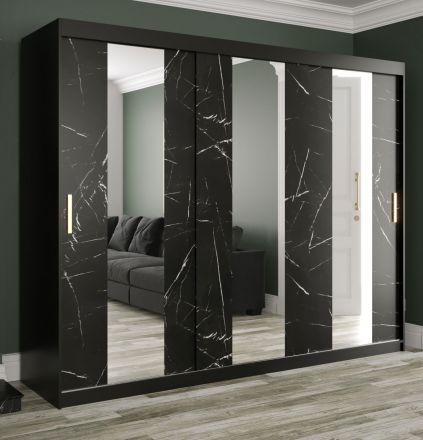 Armoire à trois portes avec trois miroirs Ätna 21, Couleur : Noir mat / Marbre noir - Dimensions : 200 x 250 x 62 cm (h x l x p), avec grand espace de rangement
