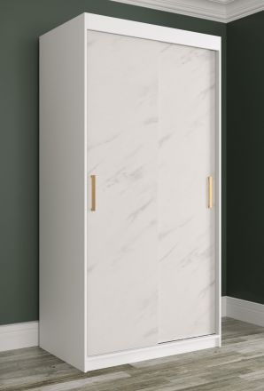 Armoire étroite avec motif en marbre Ätna 28, Couleur : Blanc mat / Marbre blanc - Dimensions : 200 x 100 x 62 cm (h x l x p), avec cinq casiers