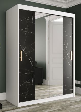 Armoire avec grand miroir Ätna 59, Couleur : Blanc mat / Marbre noir - Dimensions : 200 x 150 x 62 cm (h x l x p), avec cinq casiers