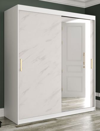 Armoire exceptionnelle avec une porte miroir Etna 88, Couleur : Blanc mat / Marbre blanc - Dimensions : 200 x 180 x 62 cm (h x l x p), avec 10 compartiments