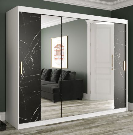 Armoire grand format avec miroir Etna 95, Couleur : Blanc mat / Marbre noir - Dimensions : 200 x 250 x 62 cm (h x l x p), avec 10 compartiments