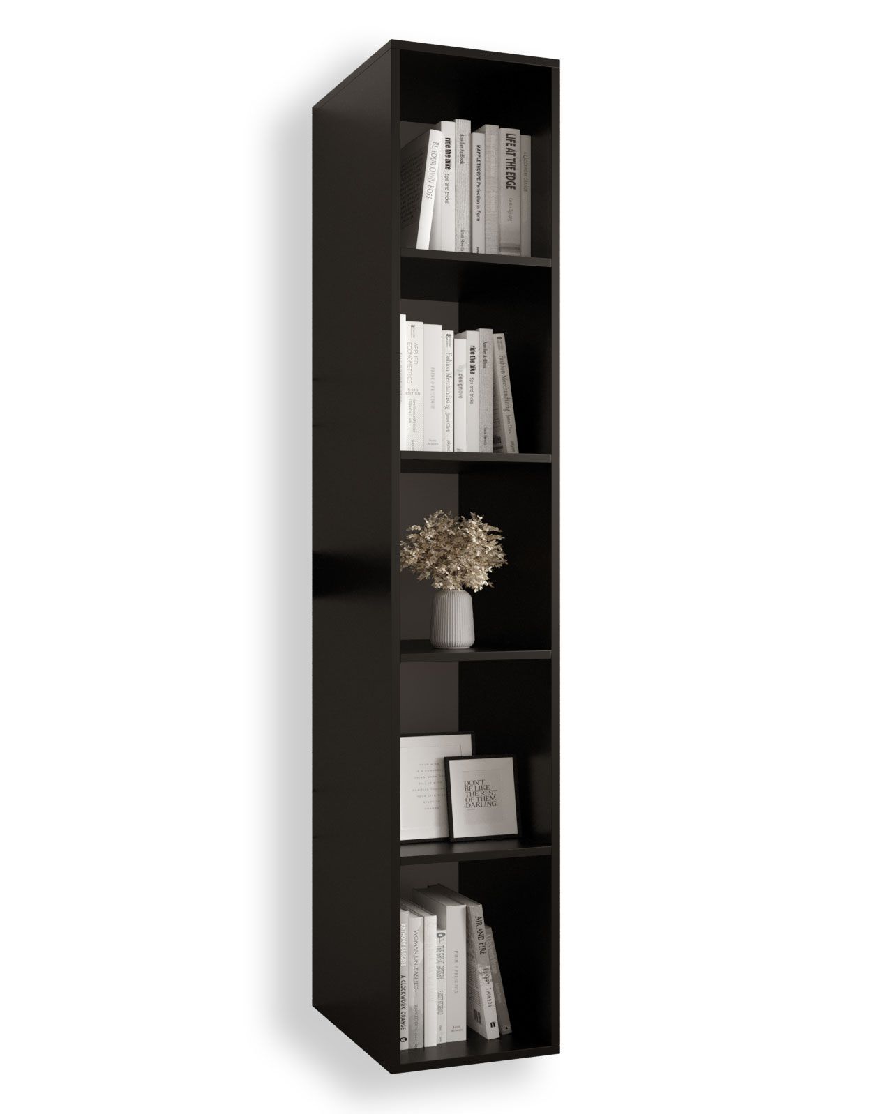 Bibliothèque avec grand espace de rangement Tödi 03, Couleur : Noir mat - Dimensions : 184 x 30 x 42 cm (h x l x p), avec cinq casiers