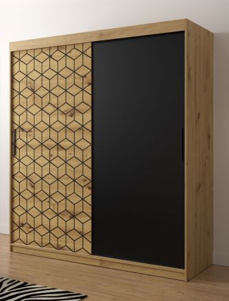Armoire moderne avec motif moderne Dom 19, Couleur : Chêne Artisan / Noir mat - Dimensions : 200 x 180 x 62 cm (h x l x p), avec 10 compartiments et deux tringle à vêtements
