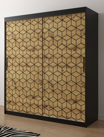 Armoire avec suffisamment de compartiments Dom 59, Couleur : Noir mat / Chêne Artisan - Dimensions : 200 x 180 x 62 cm (h x l x p), avec motif moderne