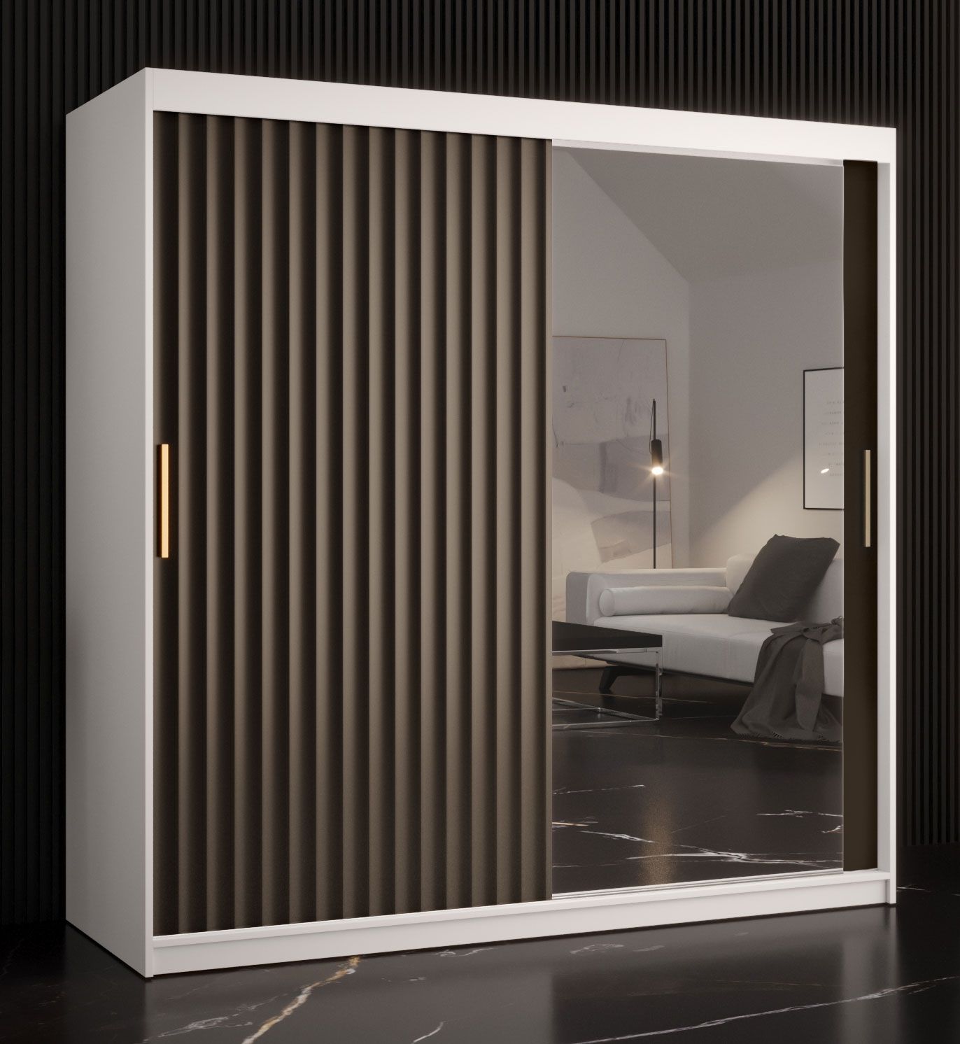 Armoire avec 10 compartiments Balmenhorn 86, Couleur : Blanc mat / Noir mat - Dimensions : 200 x 180 x 62 cm (h x l x p), avec une porte à miroir